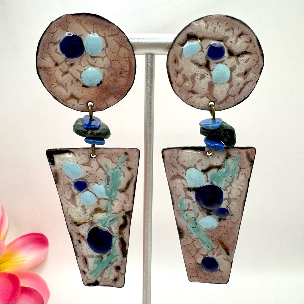 Artisan Enamel Drop Earrings Metallic Geometric Semi Precious Gemstone Chip 3.5”